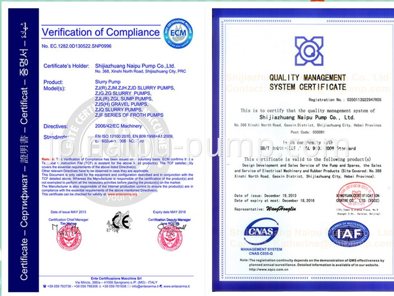 certification of AH rubber liners slurry pump